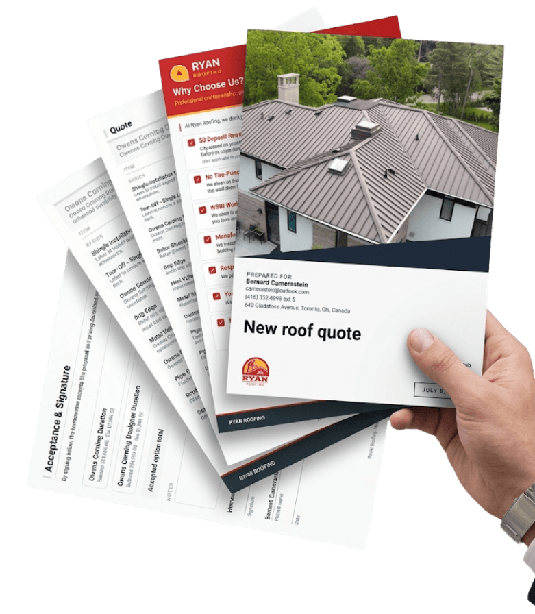A hand holding a fanned stack of printed Vertex CRM proposal pages — cover, quote, and signature