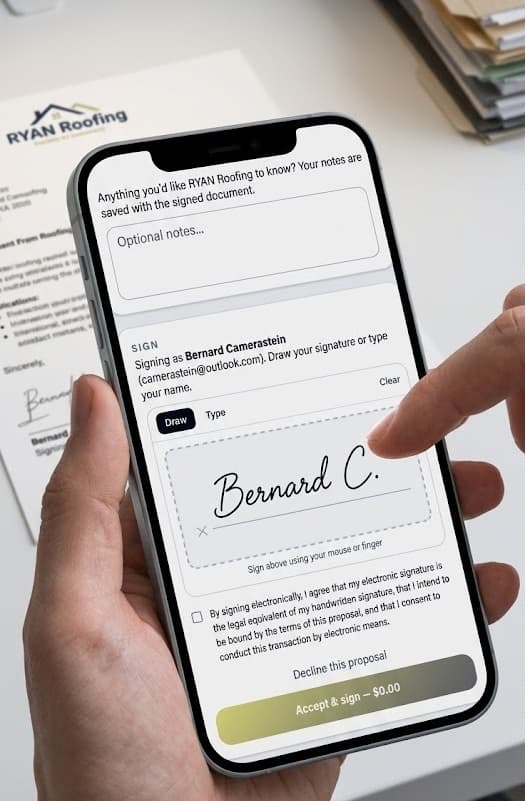 Vertex CRM VertiSign signing screen on a phone with a signature pad