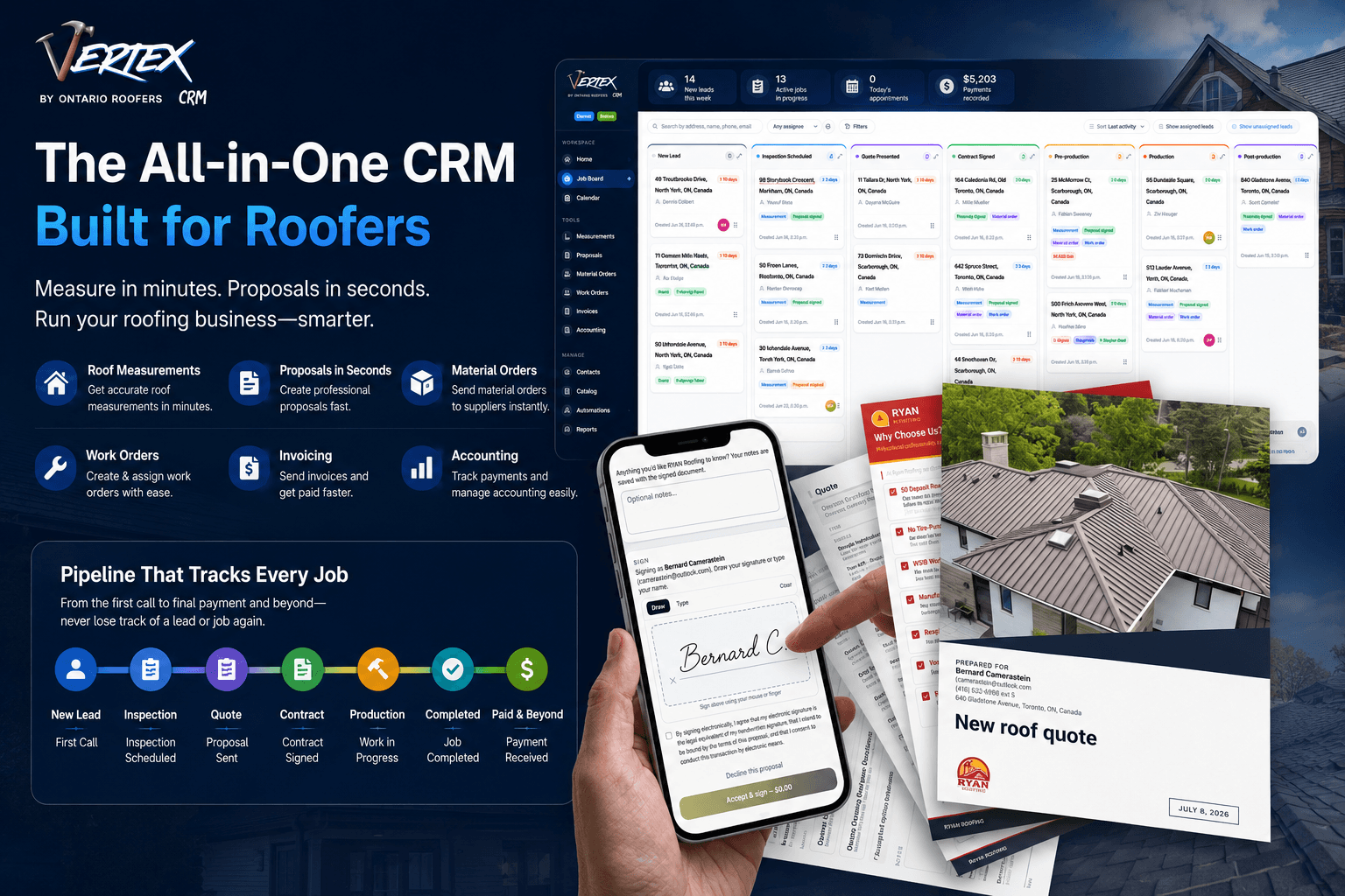 Vertex CRM: roof measurements, professional proposals, a drag-and-drop job pipeline board, on-the-spot e-signature, and built-in accounting in one workspace