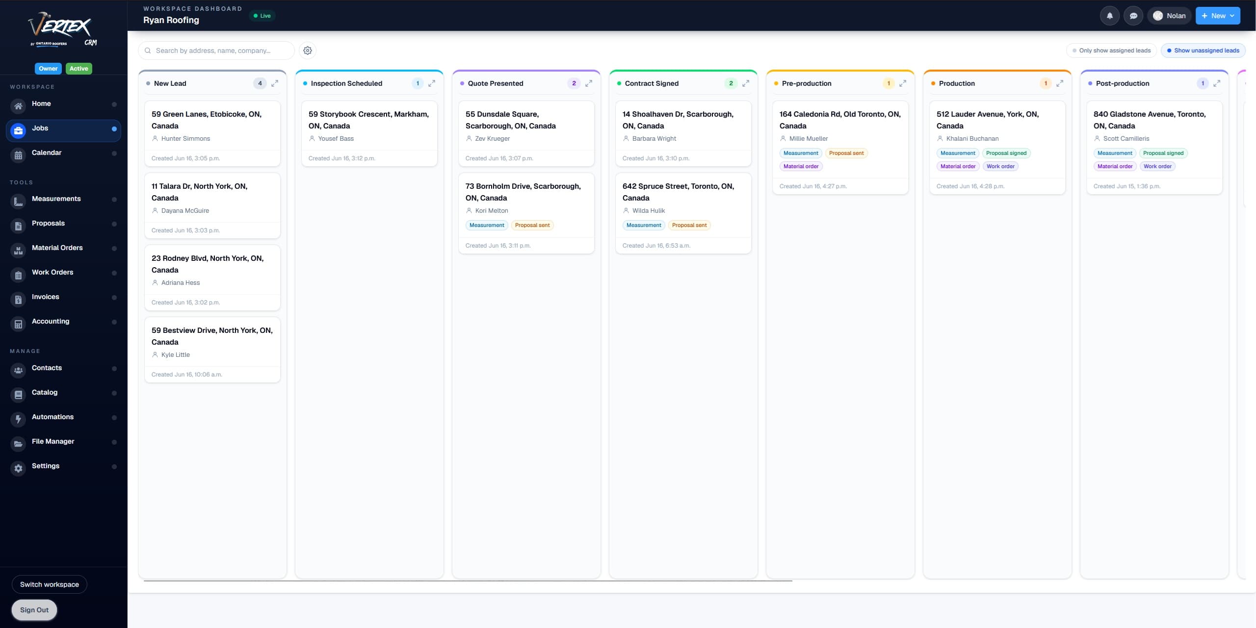 Vertex CRM job pipeline board with columns for each roofing job stage